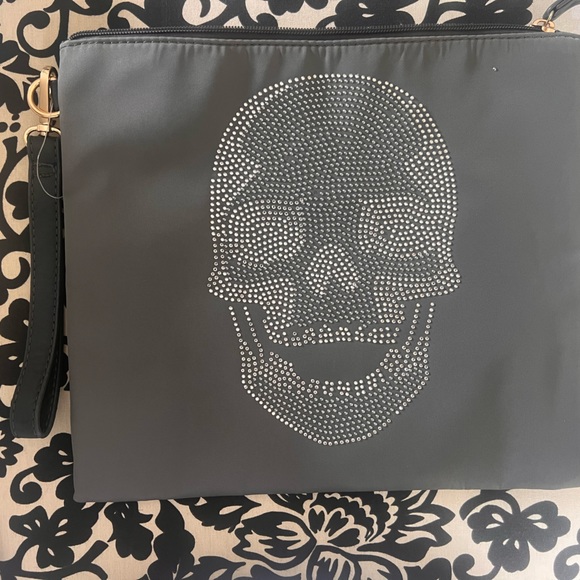 Ah! adorned Vegan Gray Nylon clutch with wrist strap & beaded skull detailing - Picture 1 of 3